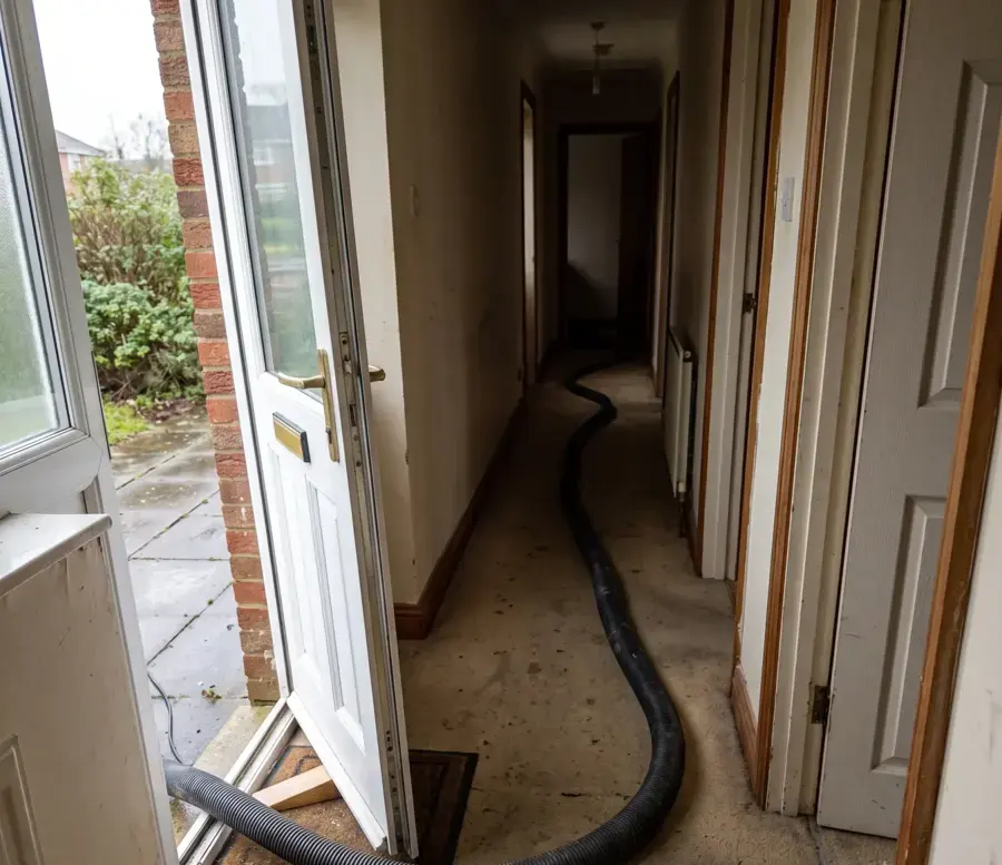 Extraction hose run through the front door of a flooded home