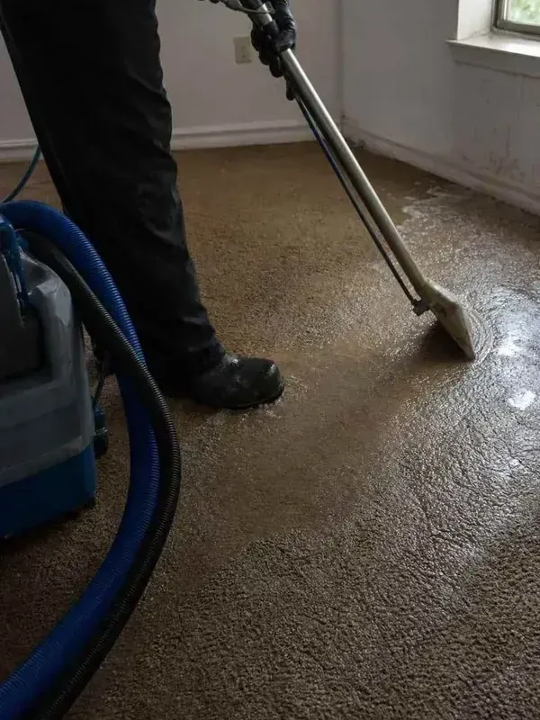 A worker draws an extraction wand across soaked carpet beside a blue portable extractor