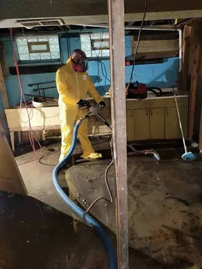 Worker in protective clothing cleaning a stripped room after a sewage backup