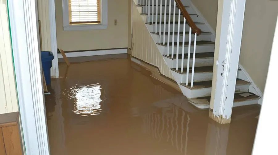 Muddy standing water in a hallway at the foot of a staircase before extraction