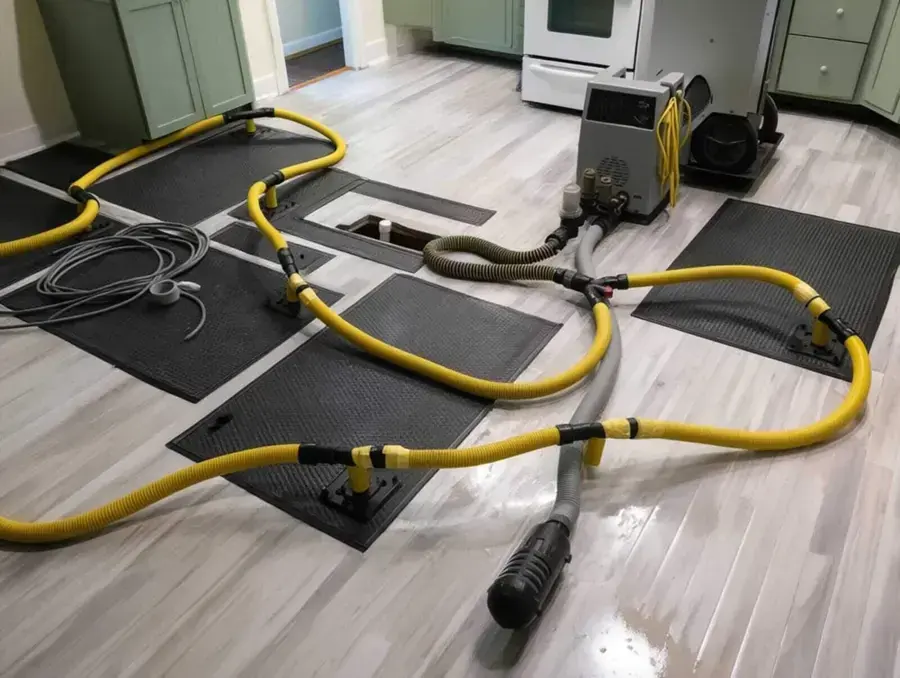 Floor drying mats and connected hoses cover part of a wet kitchen floor.