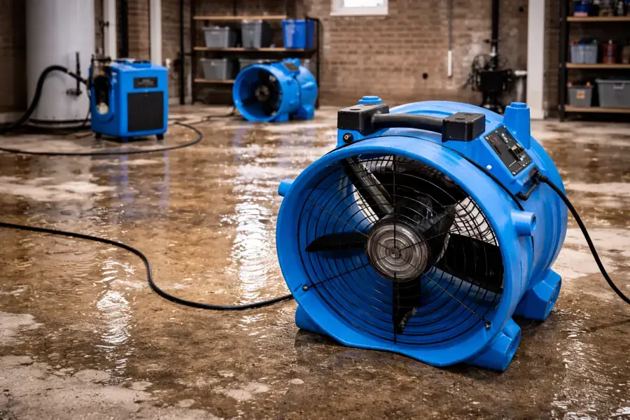 An air mover directs drying air across a wet concrete floor inside a home