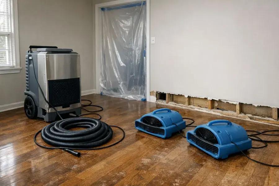 Dehumidifier and air movers drying a wood floor behind plastic containment inside a home