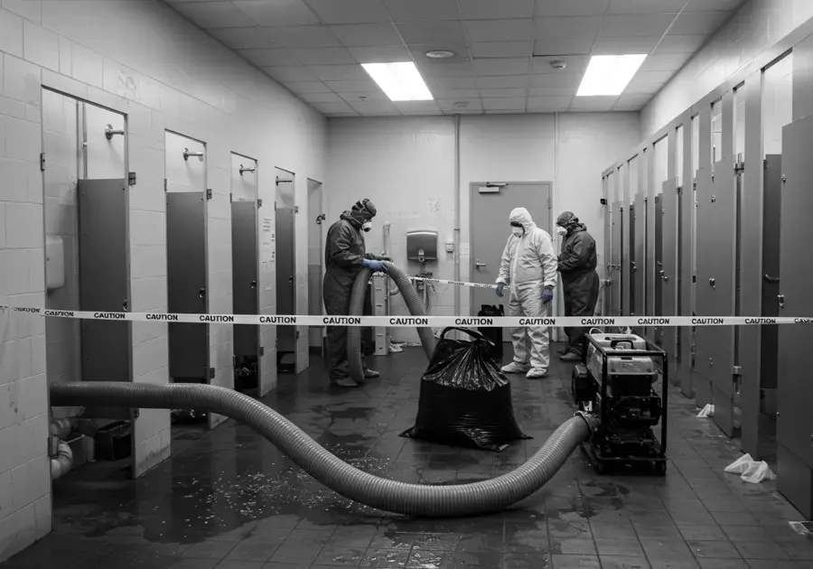 Crew extracting water from a commercial restroom behind caution tape