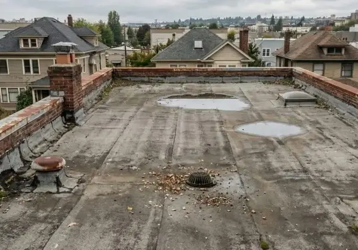 Puddles collect on a flat roof surrounded by brick parapet walls