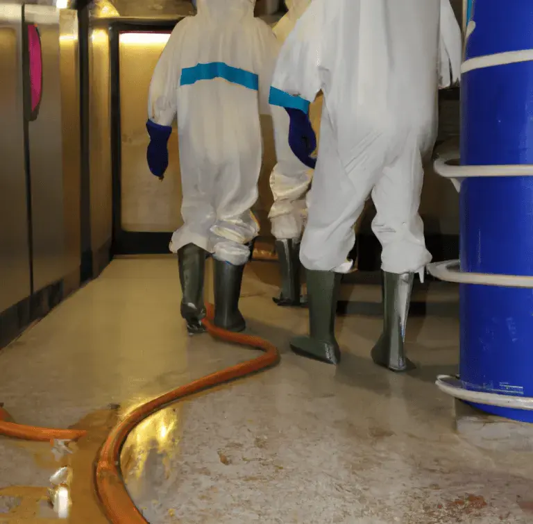 Two workers in protective suits and rubber boots in a sewage-flooded hallway