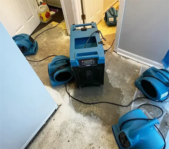 Blue air movers and a dehumidifier stand on a stripped floor inside a room