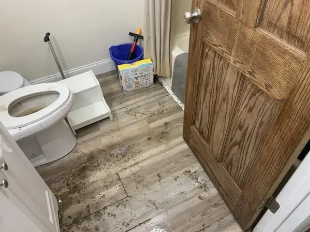 Wet, dirty floor around a toilet in a small bathroom after an overflow
