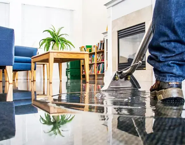 Extraction wand pulling standing water off a flooded floor in a home
