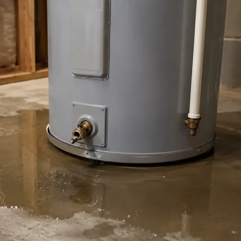 Water pooling around the base of a leaking water heater